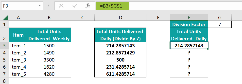 Divide in Excel with Absolute Reference - Step 1