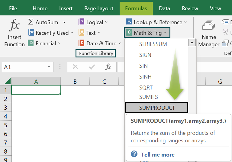 How to use SUMPRODUCT Excel Function - Enter through the Excel ribbon