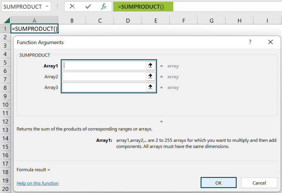 How to use SUMPRODUCT Excel Function - Function arguments window