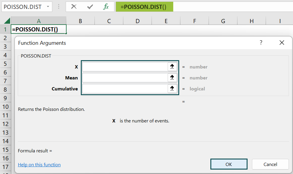 POISSON.DIST Excel Function - Function arguments window