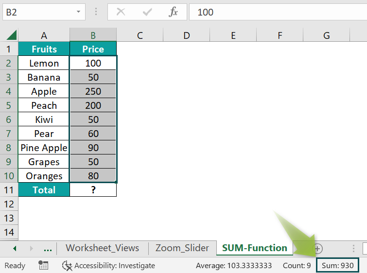 SUM Function using Status Bar - Step 2