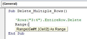 VBA Delete Row - Example 1- IntelliSense List