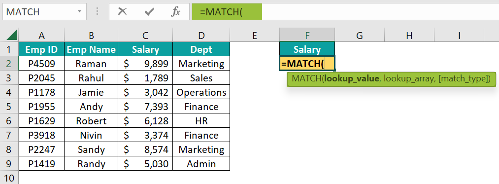 Basic Example - MATCH Function - Step 2