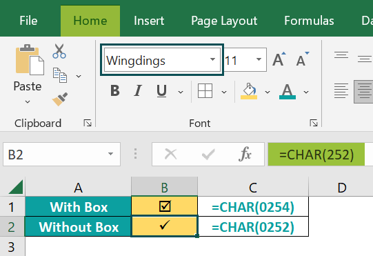 Check Mark in Excel - Using CHAR Function