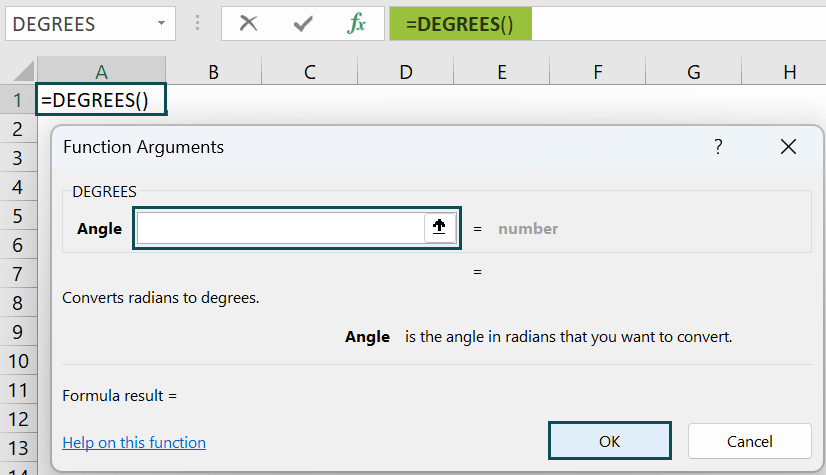 DEGREES Function In Excel - Function arguments window