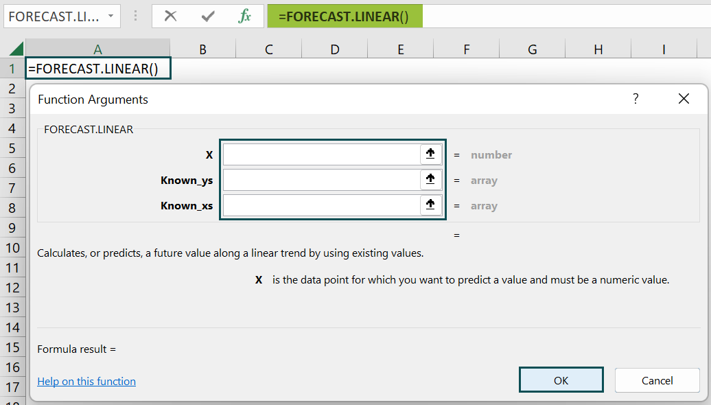 Interpolate in Excel - Function arguments window