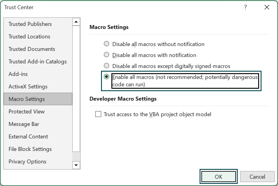 How to enable Macros Security Settings - Step 5