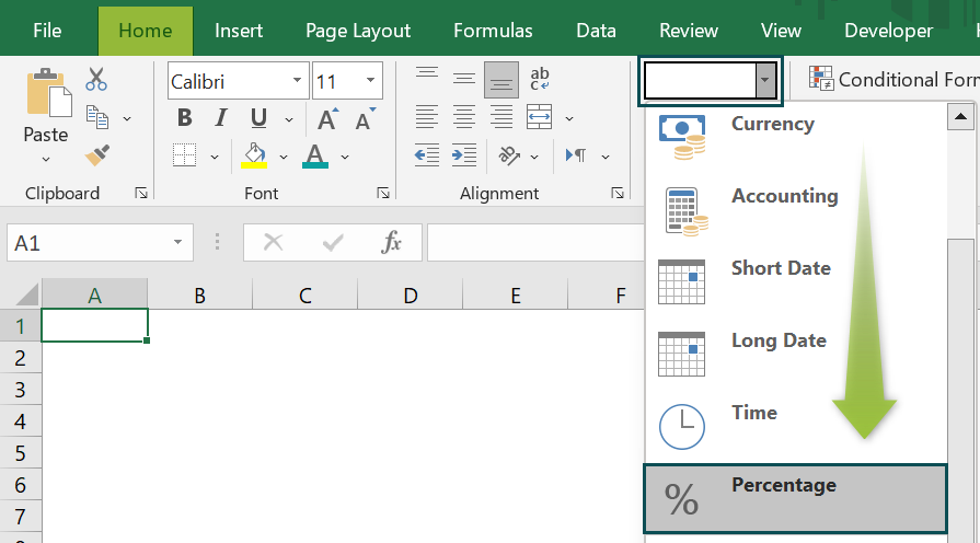 Percentage In Excel - Access from the Excel ribbon