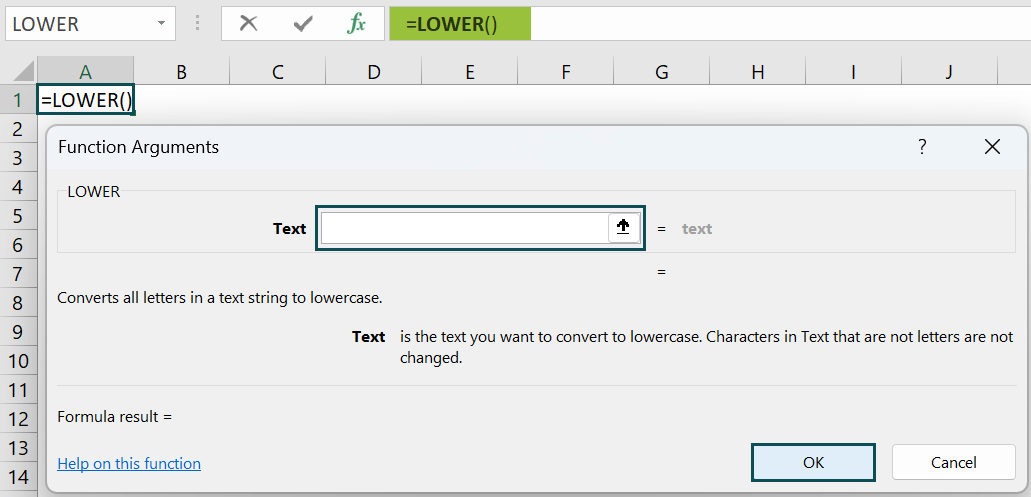 Sentence Case in Excel - LOWER - function arguments window