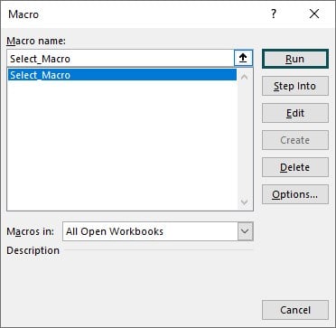 VBA Select cell Example 1 - Step 4 - run