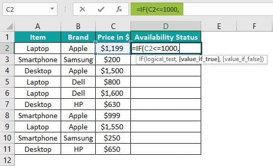 Excel Commands Example 2 - Step 1 - Logical test