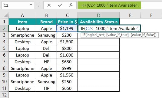 Excel Commands Example 2 - Step 1 - True Value