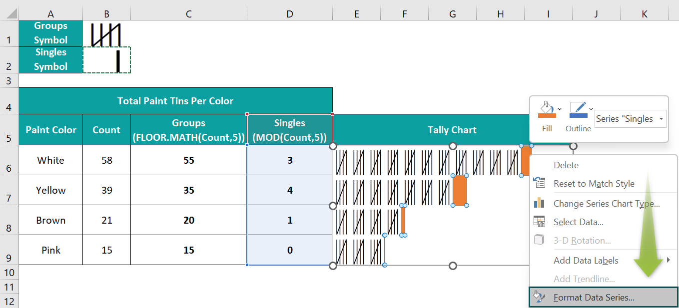 Excel Tally Chart - Example 1 - Step 9a