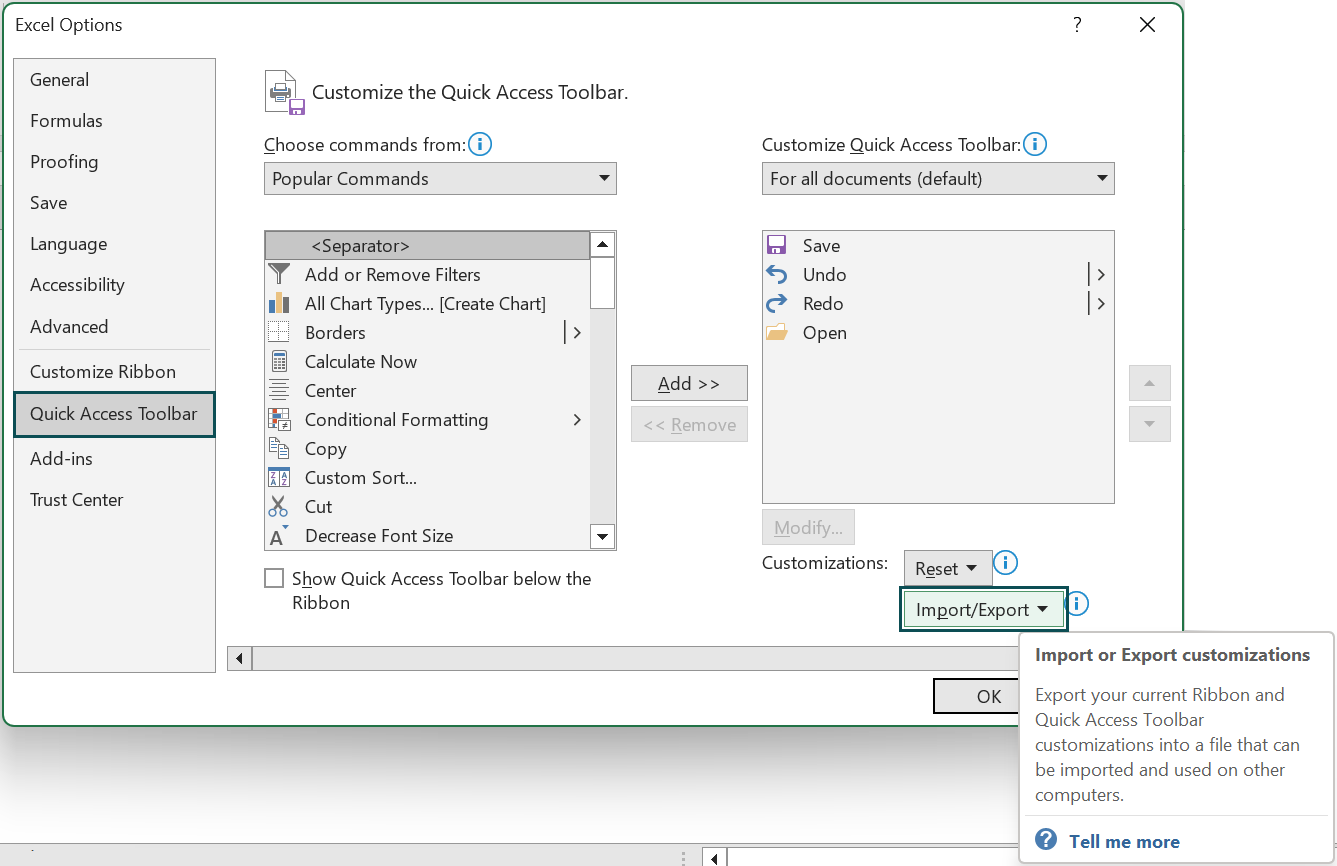 Exporting an Importing of Quick Access Toolbar - Step 2