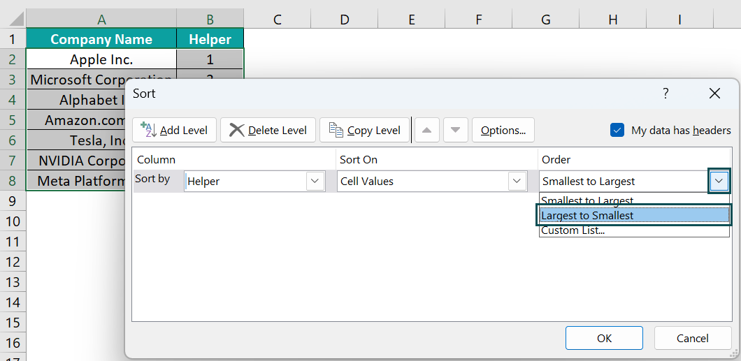 Example 1 - Using Simple Sort Method - Step 2d