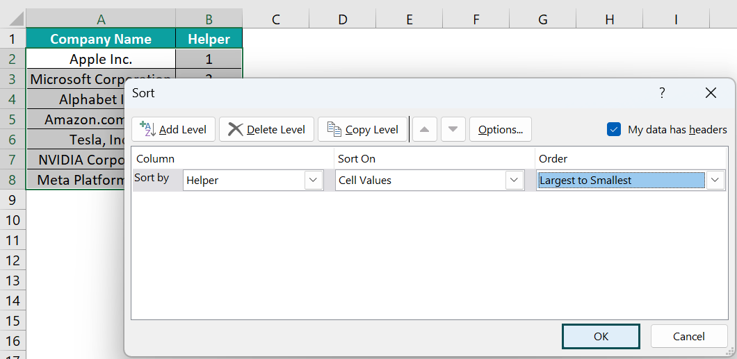 Example 1 - Using Simple Sort Method - Step 2e