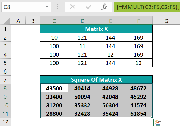 Example 4- Determining the Square of a Matrix using MMULT in Excel - Step 3