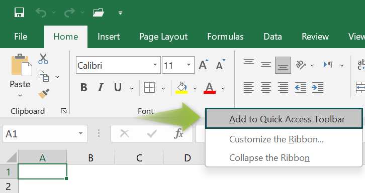 Toolbar on Excel - Adding the elements presented on different tabs directly to the toolbar