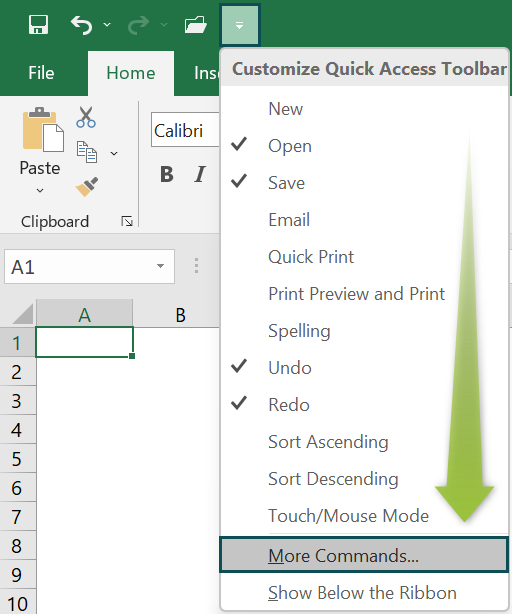 Toolbar on Excel - Modifying the Sequence of Commands and Resetting to Default Settings - Step 1