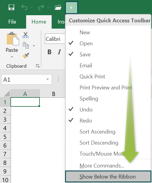 Toolbar on Excel - Moving the toolbar on the ribbon - Step 1
