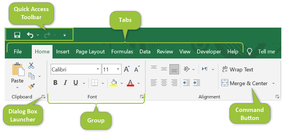 Excel 2019 - Elements of Excel Ribbon