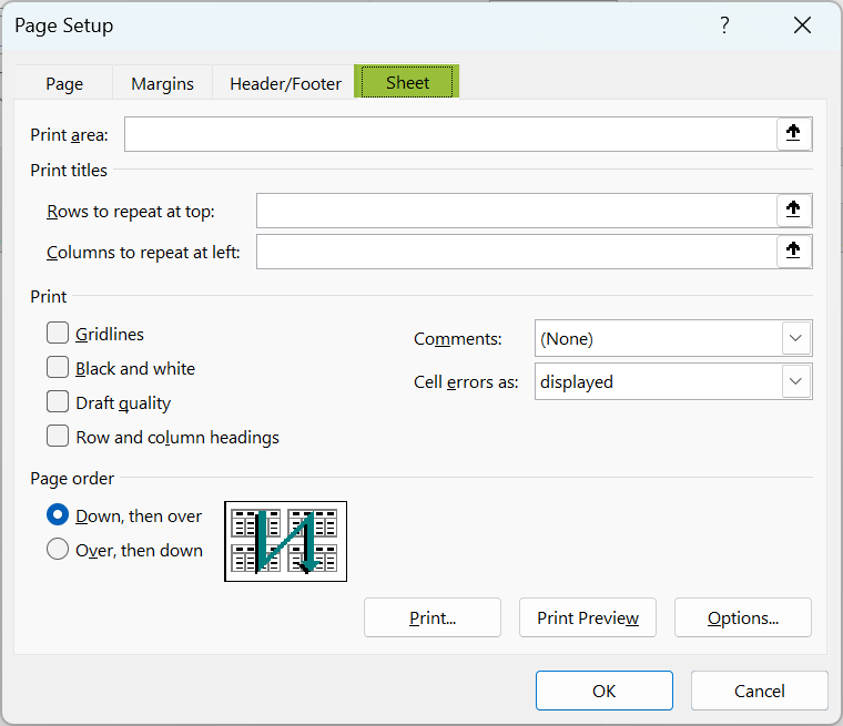 Excel Tabs - Page Layout Tab - Sheet Options 2