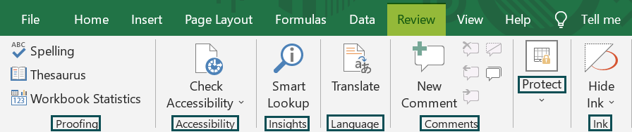 Excel Tabs - Review Tab