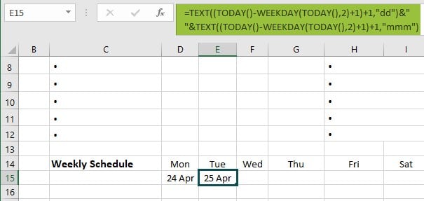 Excel weekly planner template - Example 2 - Step 10 - next day
