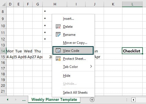 Excel weekly planner template - Example 2 - Step 12 - View code