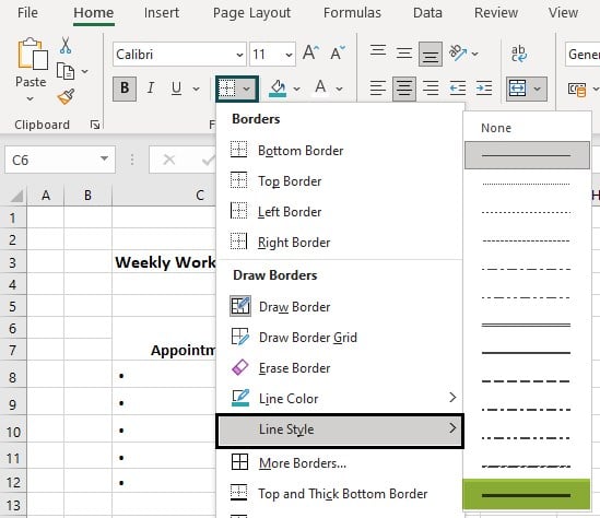 Excel weekly planner template - Example 2 - Step 13 - Line style