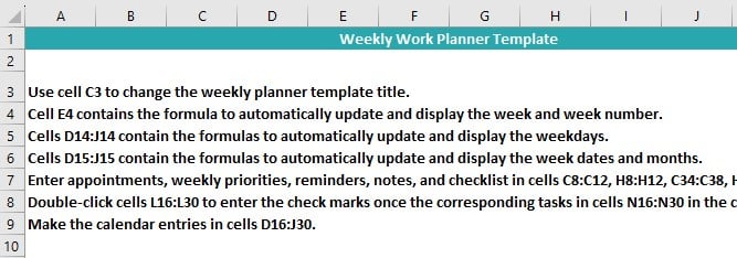 Excel weekly planner template - Example 2 - Step 2