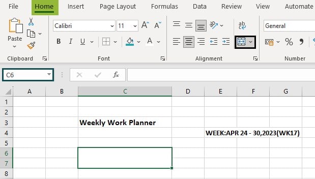 Excel weekly planner template - Example 2 - Step 5