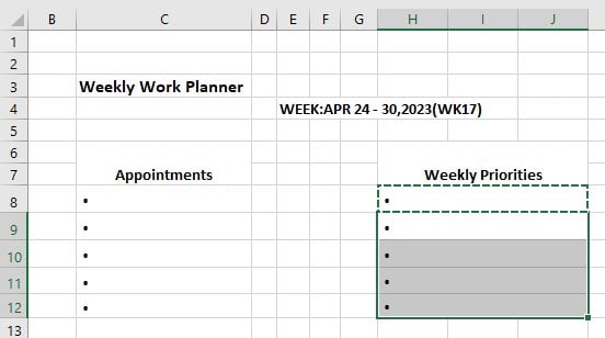 Excel weekly planner template - Example 2 - Step 7 - H12