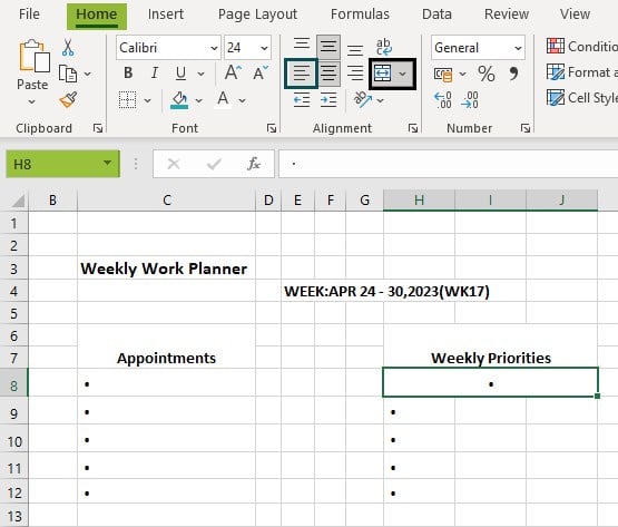 Excel weekly planner template - Example 2 - Step 7 - M&C