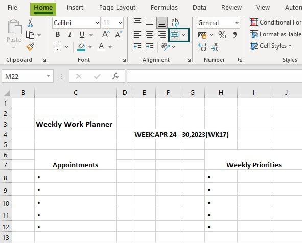 Excel weekly planner template - Example 2 - Step 7 - Weekly Prioritie