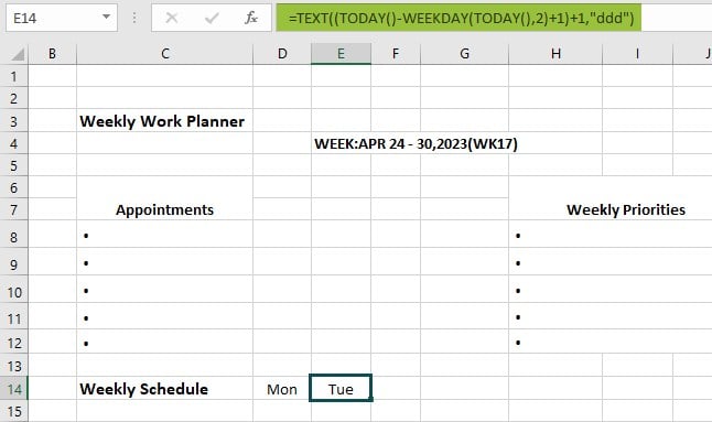 Excel weekly planner template - Example 2 - Step 8 - Tue