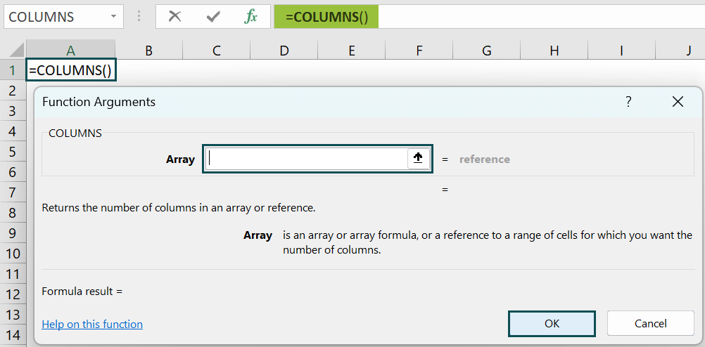 How to use COLUMNS Function in Excel - Function arguments window