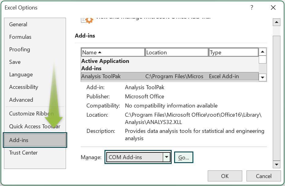 Example 2 - Remove Excel Add-in to Fix Excel Not Responding Error - Step 6a