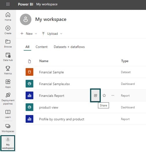 Power BI Reports - Share - Option 1