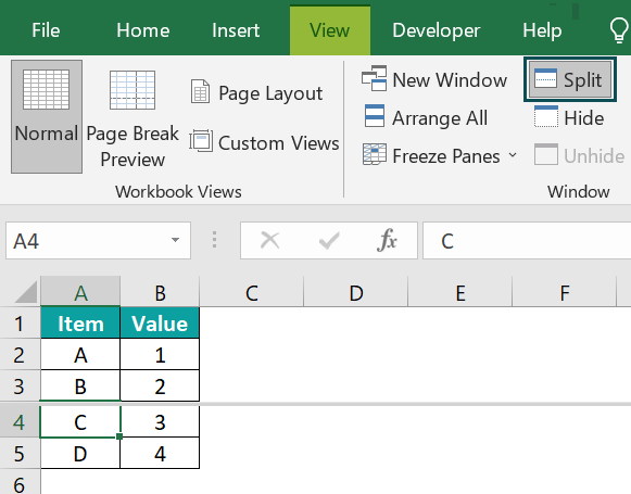 Split Panes in Excel - 2