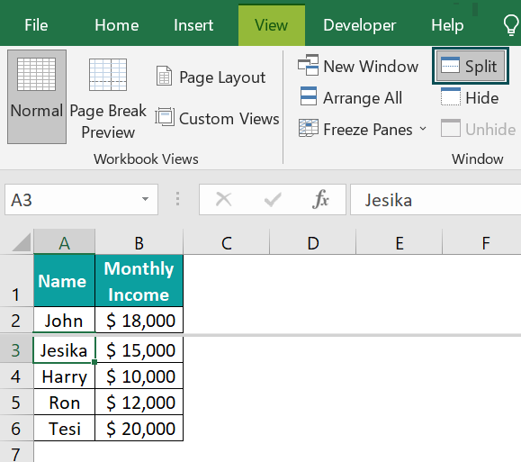 Split Panes in Excel - Example 1 - Step 5