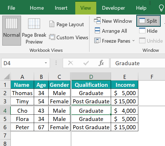 Split Panes in Excel - Example 3 - Step 5