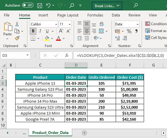 Break links in Excel - Different Method 2 - Product order Data