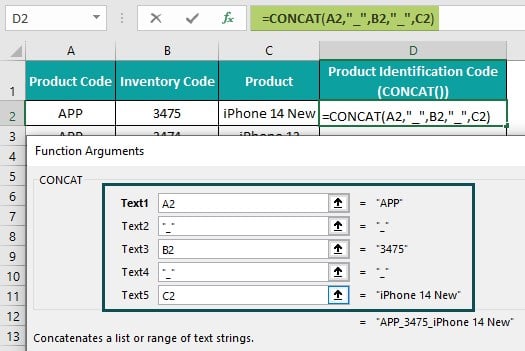 Column Merge in Excel - Method 1 - Example 1 - Step 2 - arguments.jpg