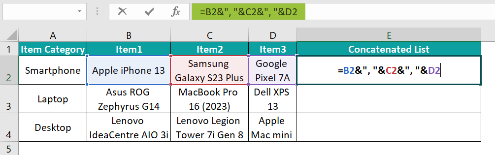 Concatenate Strings in Excel - Example 2 - Step 1