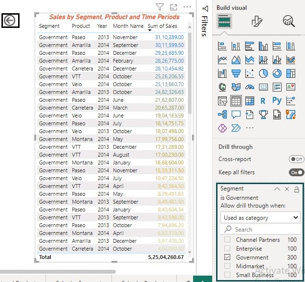 Power BI drillthrough - Example 1 - Step 6 - Output