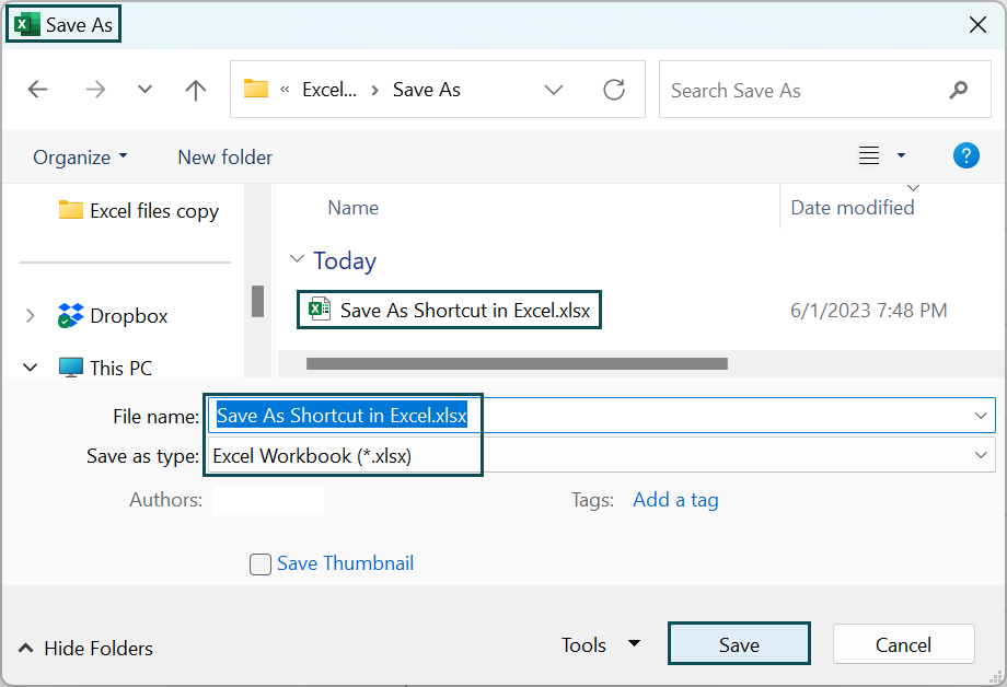 Save As Shortcut in Excel - Method 1