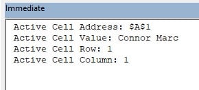 VBA Active Cell - Cell Address Example - Output