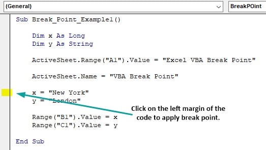 VBA Break - Example 1 - Manual - left margin