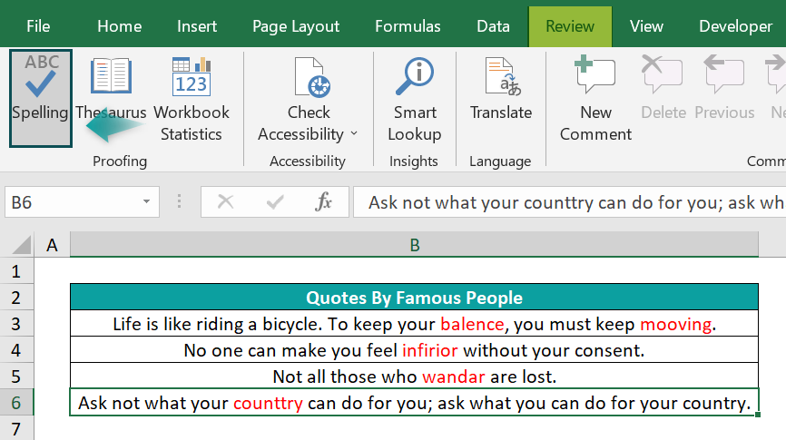 How to Perform Spell Check in Excel - Basic Example-1 - Step 1a